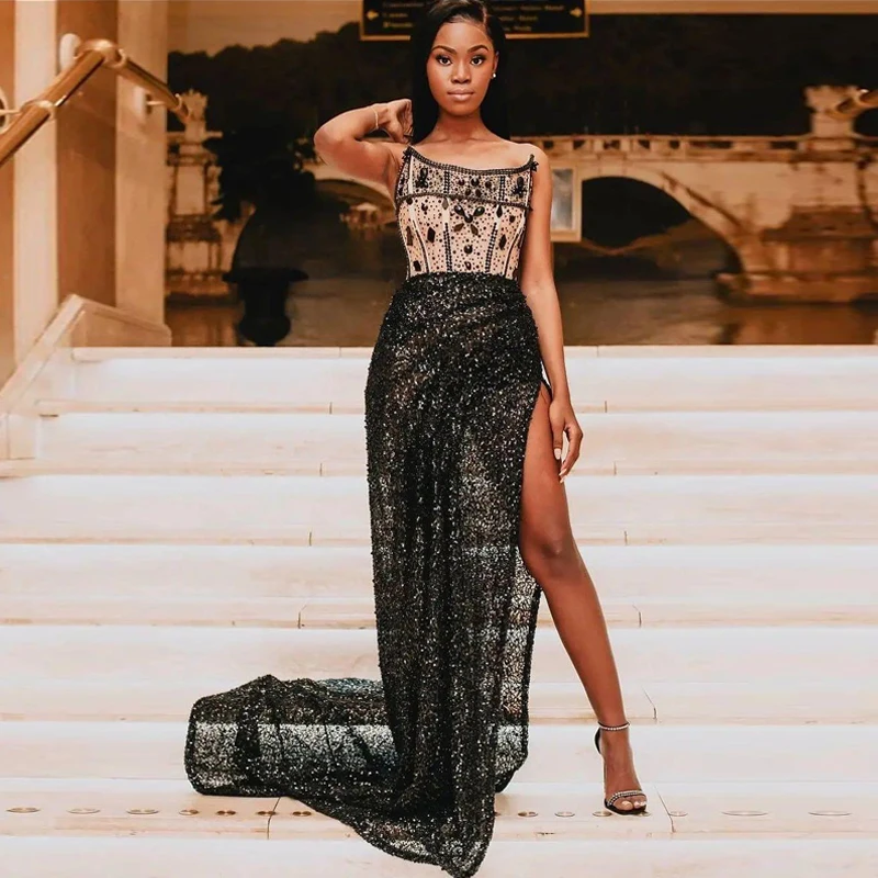 

Black Sequin Side Split Prom Dresses Strapless Beaded Crystals Vestidos De Fiesta Sexy Long Cocktail Party Gowns