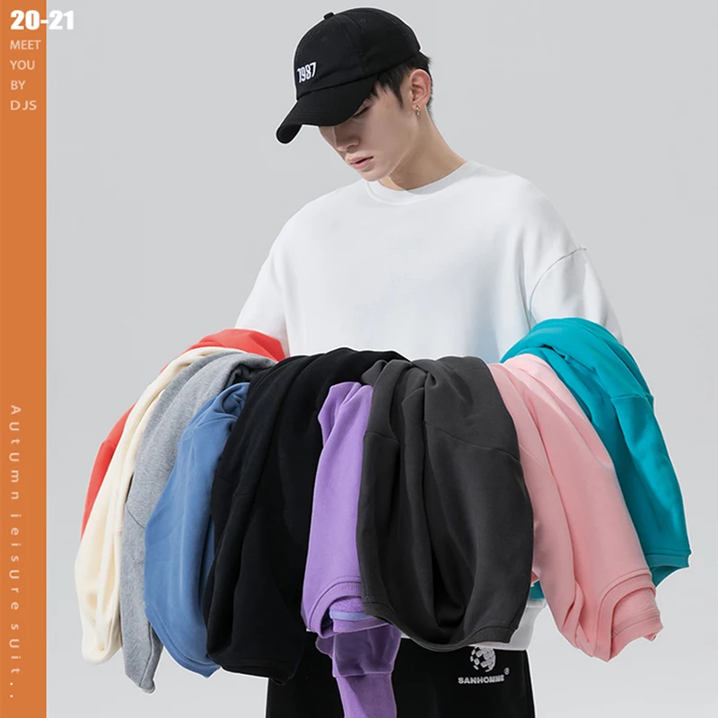

Crewneck Sweatshirt Men Pullover Solid Plain Japanese Streetwear Harajuku Hip Hop Corlorful Loose Casual Oversized Hoodie Men