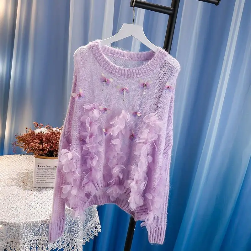 

Beaded Flower Knitted Sweater for Female 2021 Autumn New Loose Outer Wear Sweaters Purple Pullover Jumper Lady Casual Top Y562