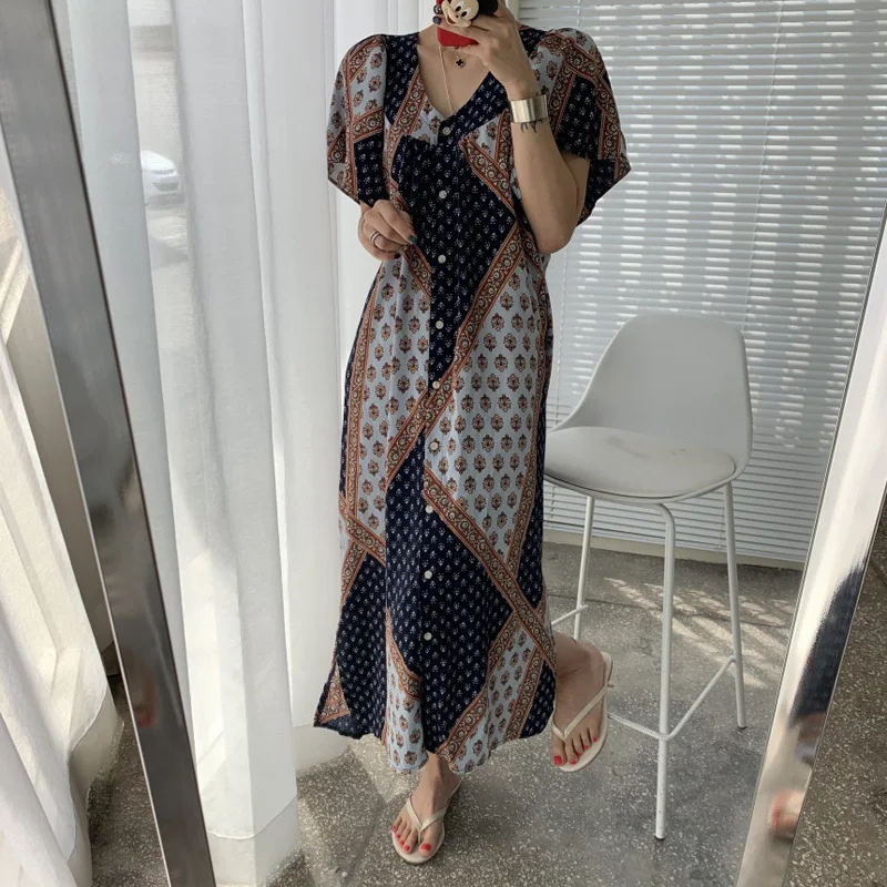

Summer New Bohemia Short Sleeve Dress Irregular Print Loose Maxi Dress Casual Boho Vintage Single-Breasted Female Sundress 2021