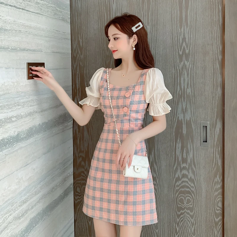Новинка лета 2020 клетчатое платье юбка с квадратным вырезом французская ретро