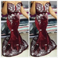 2019 arabic burgundy sexy mermaid evening dresses lace beaded velvet prom dresses cheap formal party second reception gowns