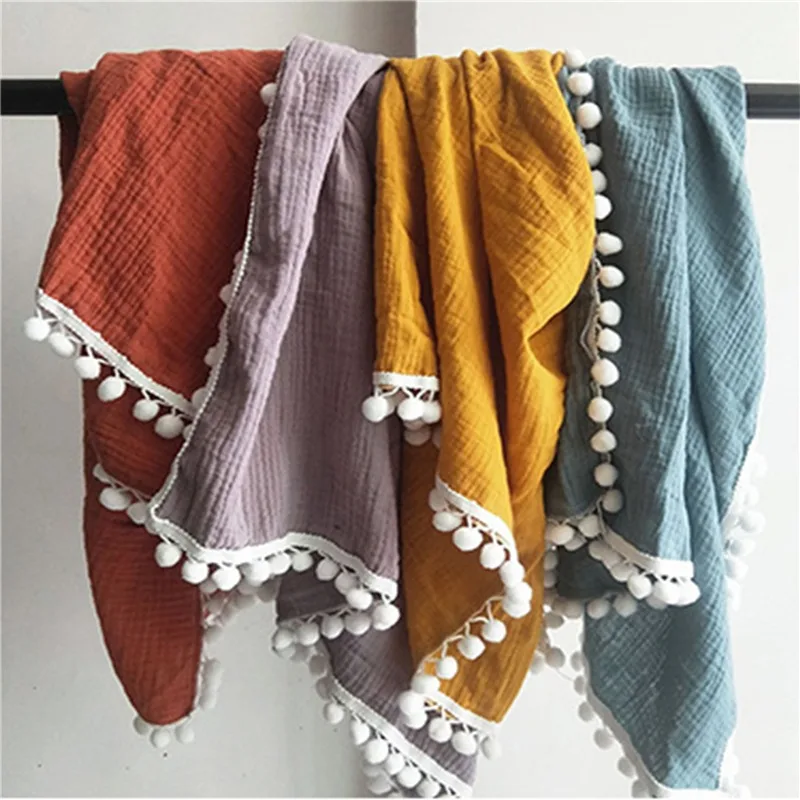 

Organic Cotton Muslin Blanket Double Gauze Bath Towel Baby Tassel Blankets Newborn Big Diaper Swaddle Wrap Feeding Photo Props