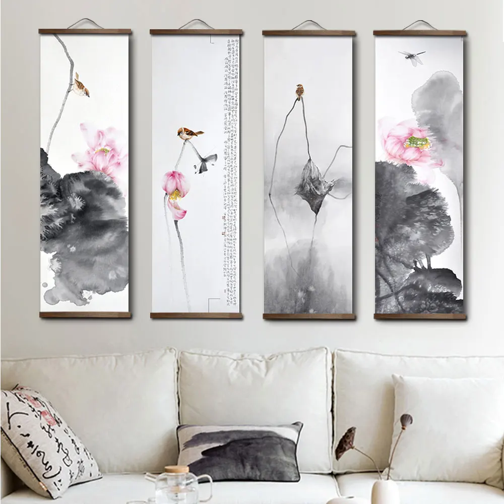 Chinese Style Ink Lotus Animal Bird Canvas Decorative  Bedroom Living Room Wall Art Posters Chinese Solid Wood Scroll Paintings