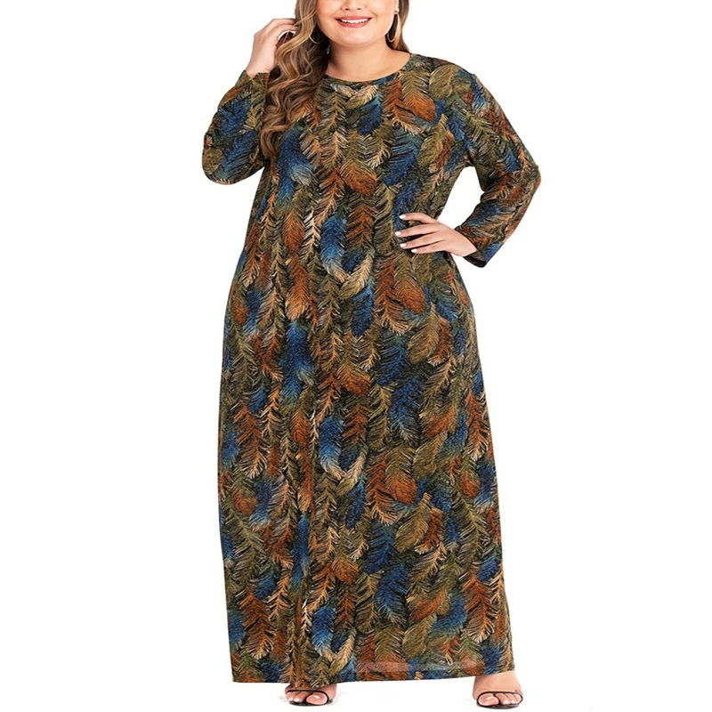 

Spring and Autumn Plus Size Dress Women 4XL -8XL Bust 134CM Round Neck Long Sleeve Fashion Color Feather Print Dress