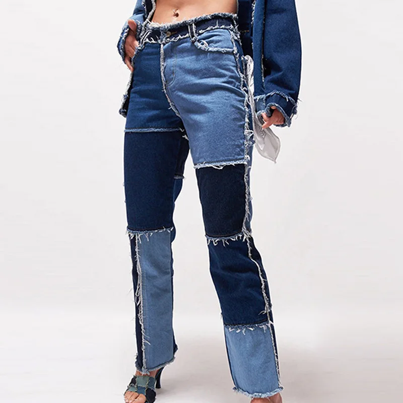 Harajuku Color Block Spliced Ripped Jeans Woman High Waist Baggy Denim Trousers Streetwear Boyfriend Style Straight Fall Pants
