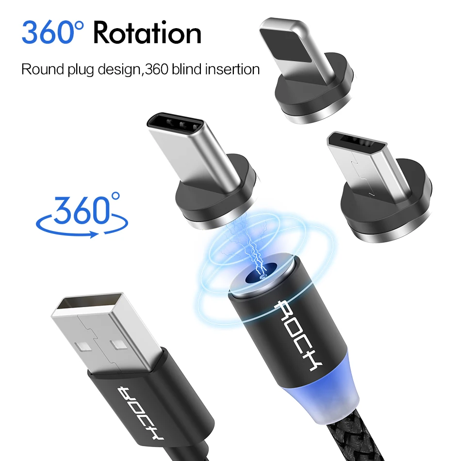 Магнитный кабель ROCK для быстрой зарядки с разъемом type-C Micro Usb для быстрой зарядки Usb C светодиодный светильник для iPhone Xiaomi huawei Phone 1 м магнитное зарядное устройство