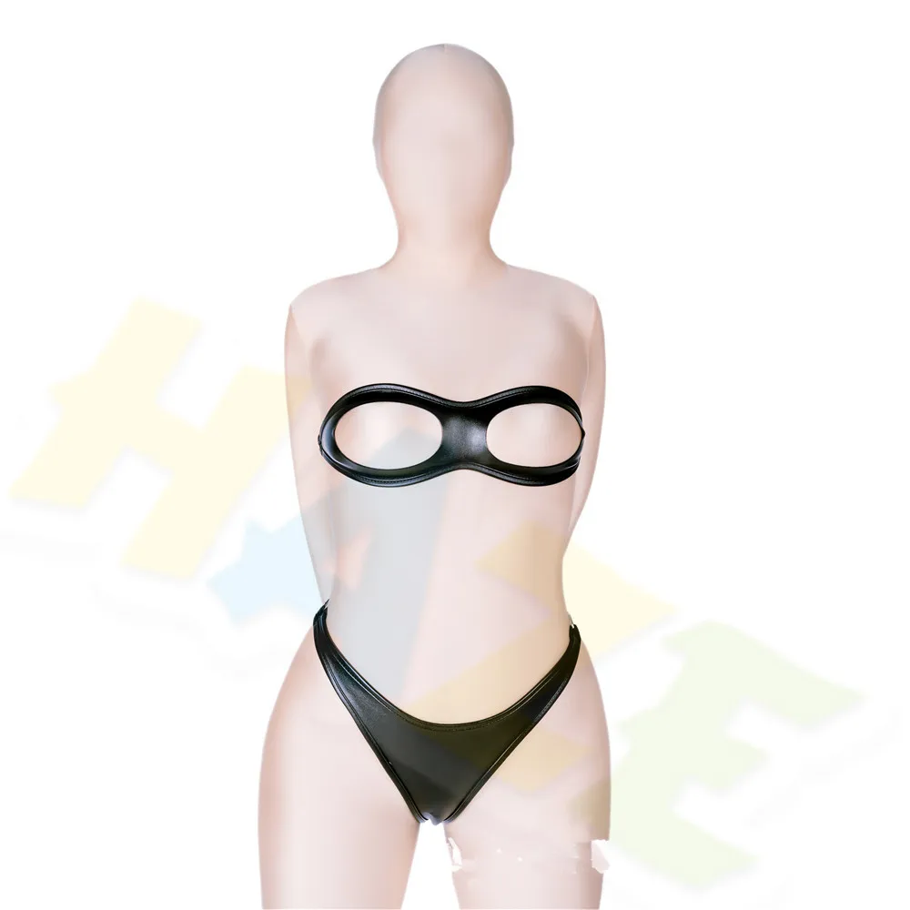 

2pcs/set Women Wetlook Bondage Leather Open Bust Underwear G-String Lingerie New
