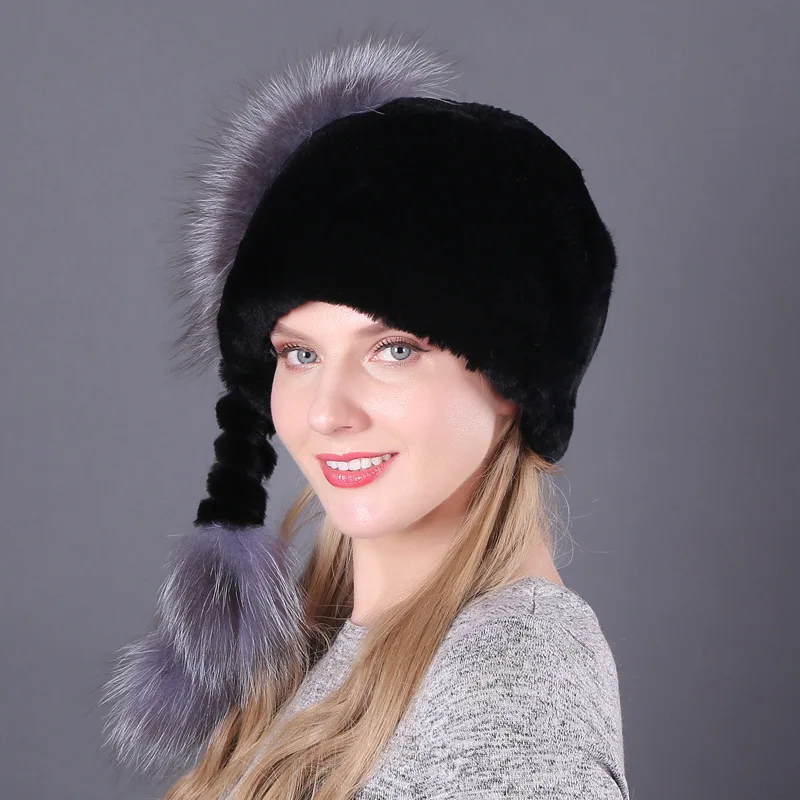 Female Hat Thickened Warm Hat In Autumn And Winter Rex Rabbit Fur Grass Hat Rex Rabbit Wool Woven Rope Cap Fox Wool Ball