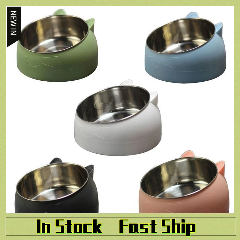 

Cat Dog Bowl 15 Degrees Tilted Stainless Steel Cat Bowl Safeguard Neck Puppy Cats Feeder non-slip Crashworthiness Base Pet Bowls