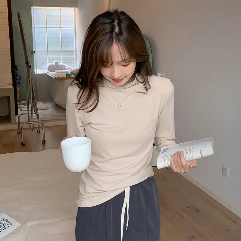 

Women Cozy Blouses Blue Black White Brown Skin-Friendly Fabric Mock Neck Basic Top Long Sleeve Plain Comfort Leisure Blouses