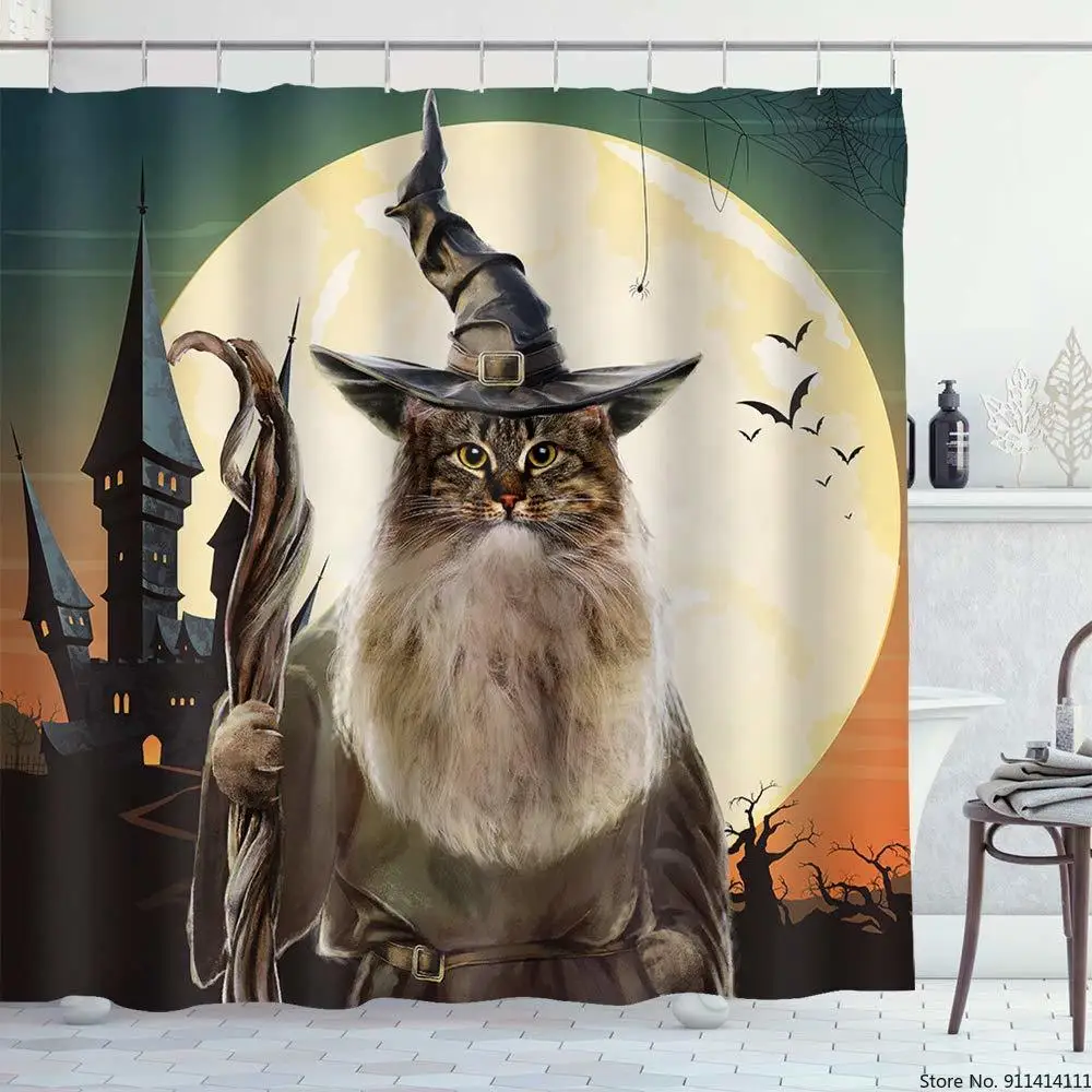 

Halloween Cat Happy Halloween Shower Curtainset Hooks Included All Saints Day Fabric Bathroom Decor Waterproof Durable Polyester