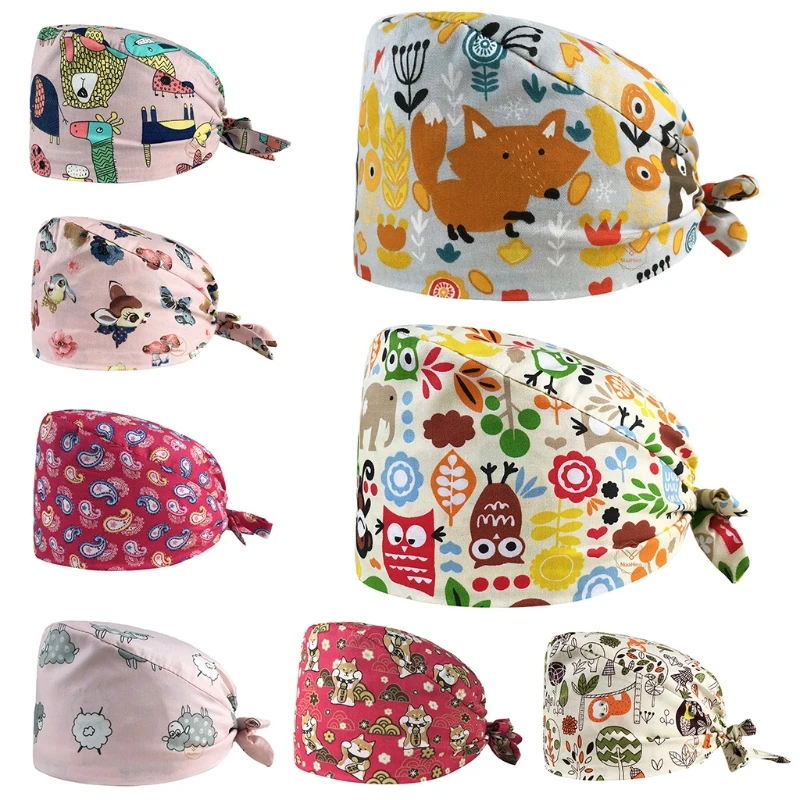 

5pcs Working Cap with Sweatband Cartoon Animal Adjustable Tie Back Bouffant Hat