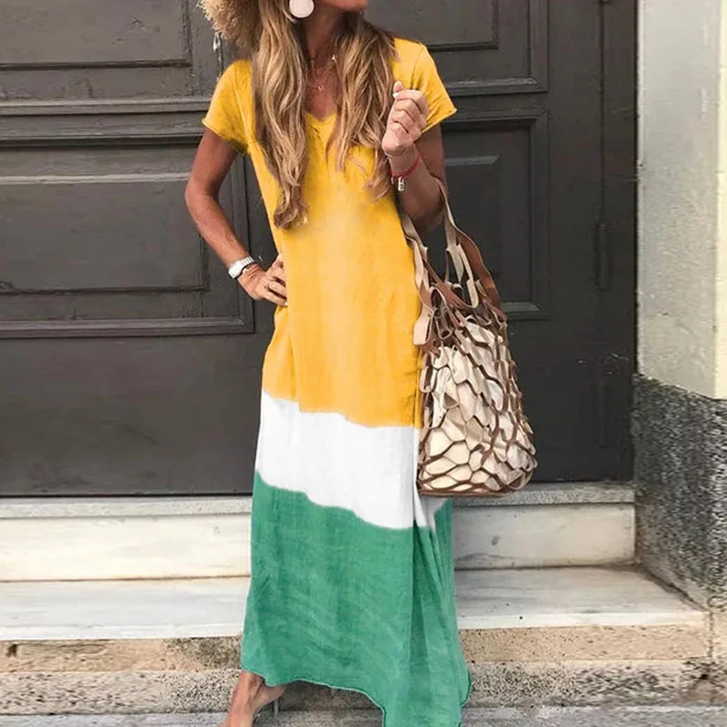 

Женское длинное платье с коротким рукавом и V-образным вырезом