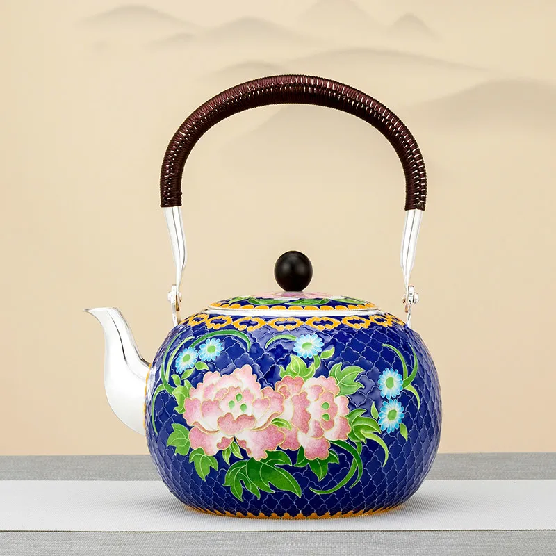 

Pure Silver Tea Set 999 Cloisonne Silver Pot Pure Handmade Peony Chinese Palace Style Household Kettle