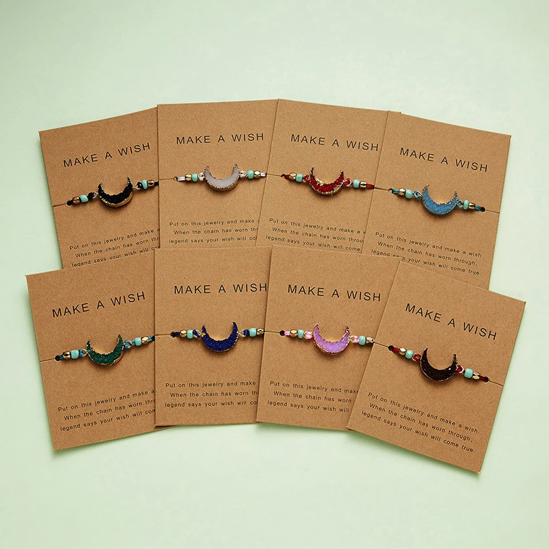 

Make a Wish Card Resin Natural Stone Woven Charm Bracelets Crescent Moon Lucky Red String Bracelets Femme Fashion Jewelry Gift