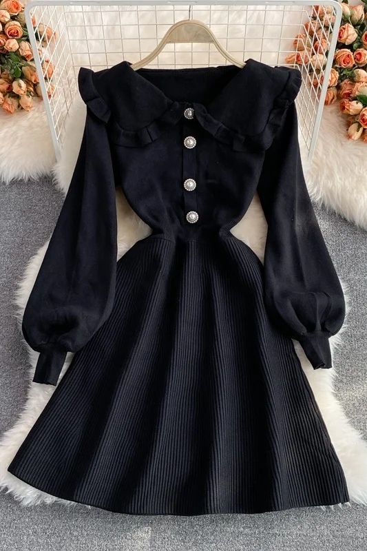

Autumn Winter New French Long Sleeve Knitted Dress Women Fashion Age Reduce Baby Collar Dress Waist Show Thin Knitting Dresses