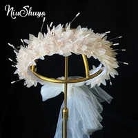 niushuya handmade women headdress party wedding hair accessories white pink crystal flower headbands fashion bridal hairband