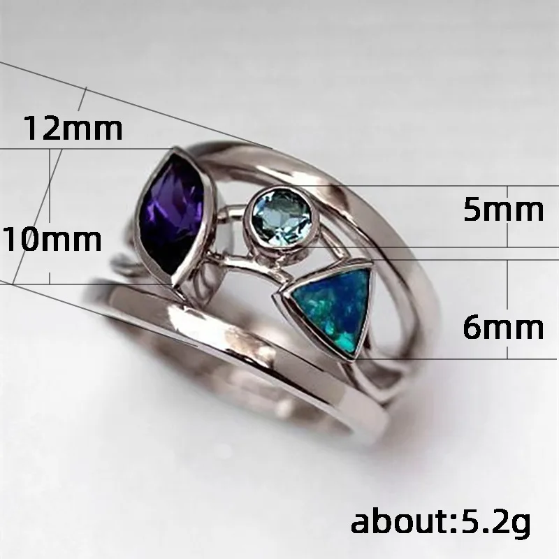 

Luxury Female Rainbow Crystal Stone Ring Charm Silver Color Wedding Rings For Women Promise Hollow Geometry Big Engagement Ring