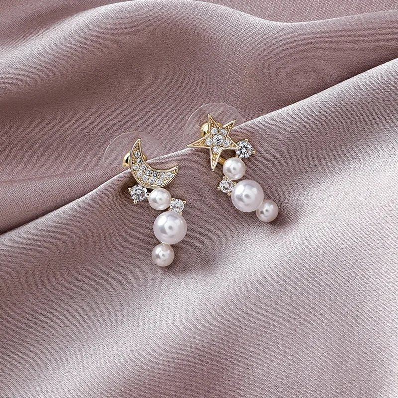 Real Gold Plated Cubic Zirconia Moon Star Pearls 925 Sterling Silver Stud Earrings for Women Girls Wedding Party Jewelry Gift | Украшения и