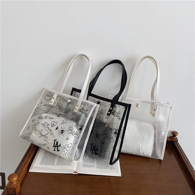 

2021 Fashion Women Jelly Clear Transparent Handbag Large Capacity Tote Shoulder Bags Underarm Bag Zipper Pouch Composite Bags