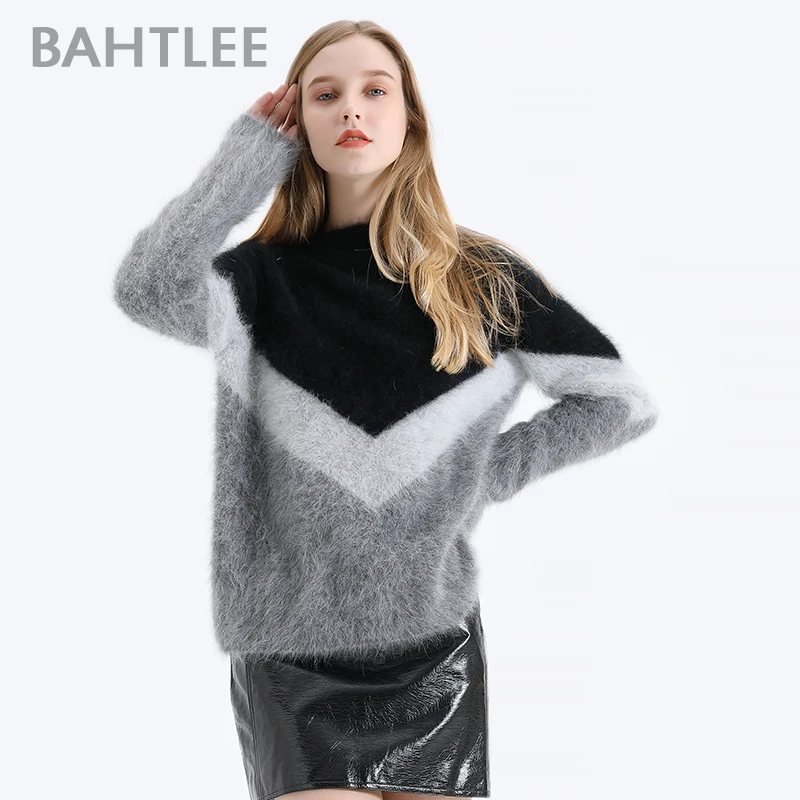 BAHTLEE Women Angora V-neck Pullovers Sweater Autumn Winter Wool Knitted Geometric Designs Jumper Long Sleeves Loose style
