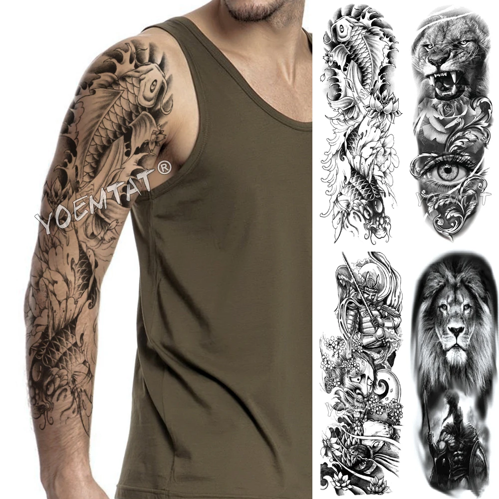 

Large Arm Sleeve Tattoo Cherry blossom Warrior Waterproof Temporary Fake Tatoo Sticker Skull Japanese Carp Men Women Full Tatto