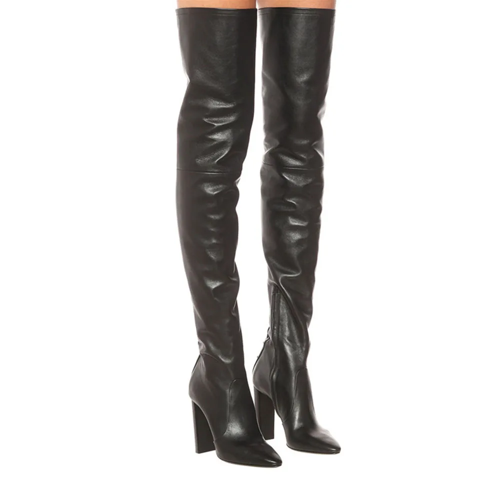 

Женские сапоги выше колена на толстом каблуке 10,5 см, со шнуровкой