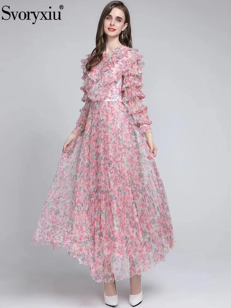 

Svoryxiu Fashion Woman Summer Retro Elegant Maxi Dress O-Neck Net Yarn Cascading Ruffle Slim Flower Pattern Print Long Dresses