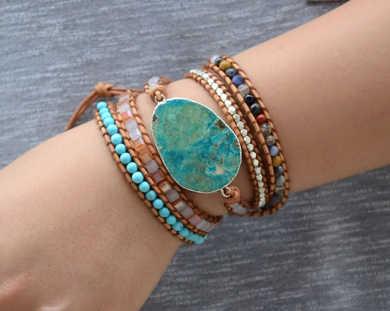 Океана браслет из синего камня Boho 5X кожа дружба Обёрточная Бумага богемные