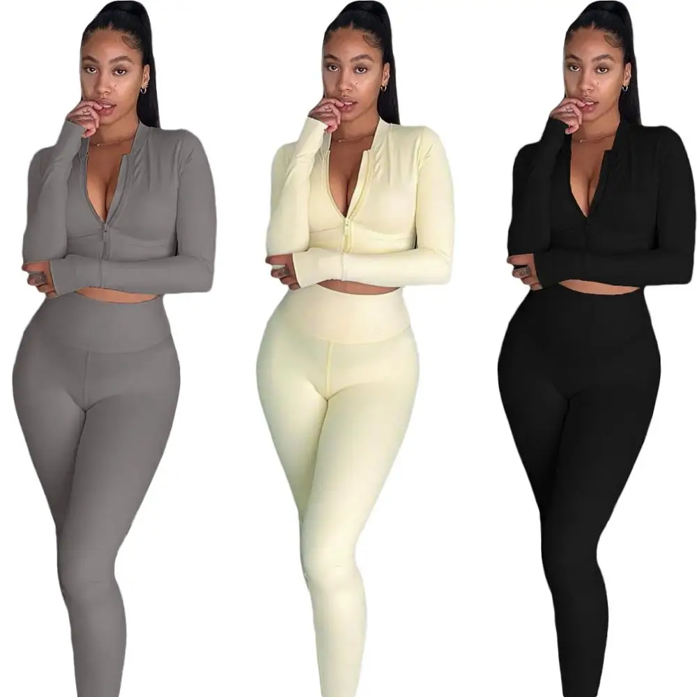

Autumn Winter Joggers Women Sports Fashion Skinny Solid Navel Two Piece Set Top and Pants Tracksuit Sweatsuit Casual Outfits