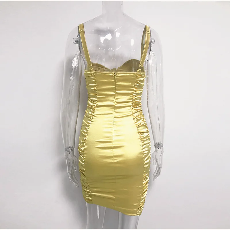 Мода блестящие Ruched Bodycon Вечерние Платье для ночного клуба Сатиновые туфли с ремешком мини платье Для женщин Vestidos сексуальный пуш-ап в обтяжку женская одежда