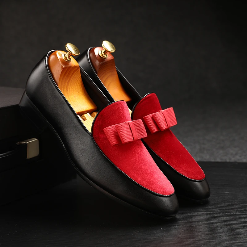 

Men Formal Shoes Bowknot Wedding Dress Male Flats Gentlemen Casual Slip on Shoes Black Patent Leather Red Suede Loafers