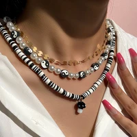layered black white gossip pearl clay beaded necklace for women sequins chain necklace mushroom bohemian retro religious jewelry