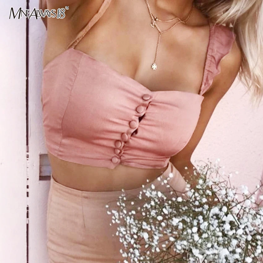 Женский топ на пуговицах Mnealways18 розовый укороченный с оборками и открытыми