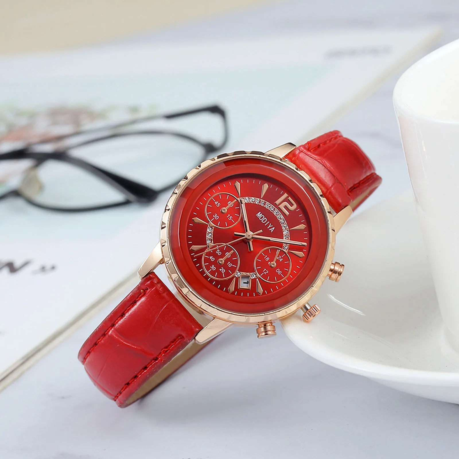 

MODIYA Watch For Women Luxury Rhinestone Ladies Leather Belt Watch With Calendar Rhinestone Reloj Mujer Three-Eye Six-Pin Female