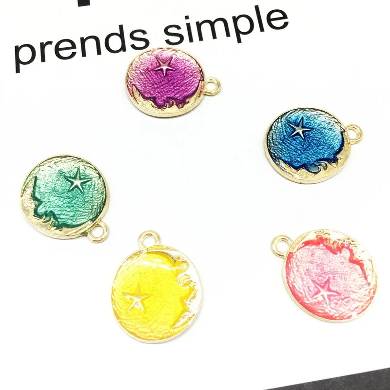 

Подвеска с круглыми лунами и звездами, 20 шт./лот, позолоченные блестящие эмалевые подвески из сплава в виде звезд для браслета, ожерелья