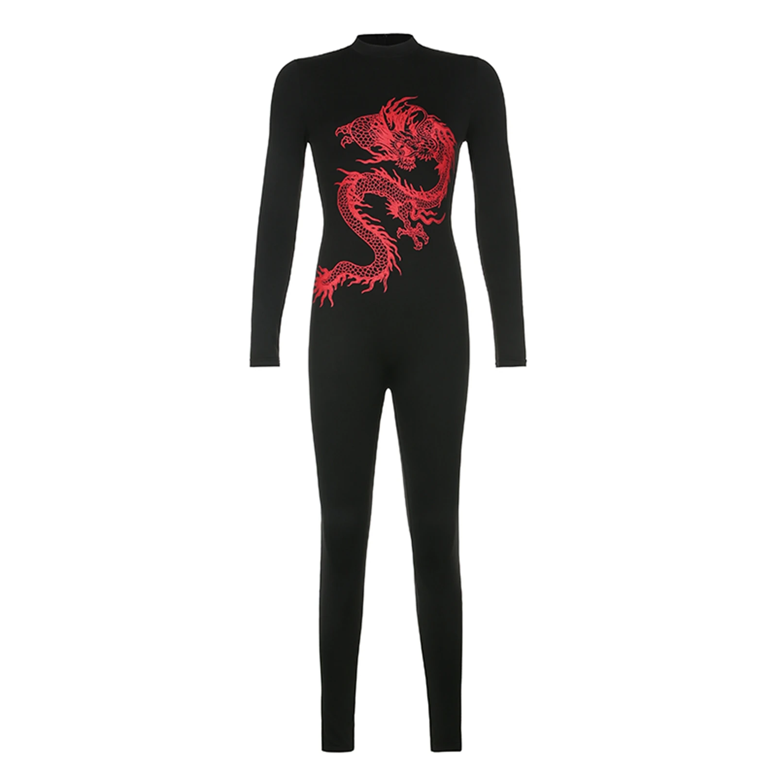 

Женский базовый Облегающий комбинезон, винтажный комбинезон с длинным рукавом и высоким воротником и принтом дракона, цельнокроеный комби...