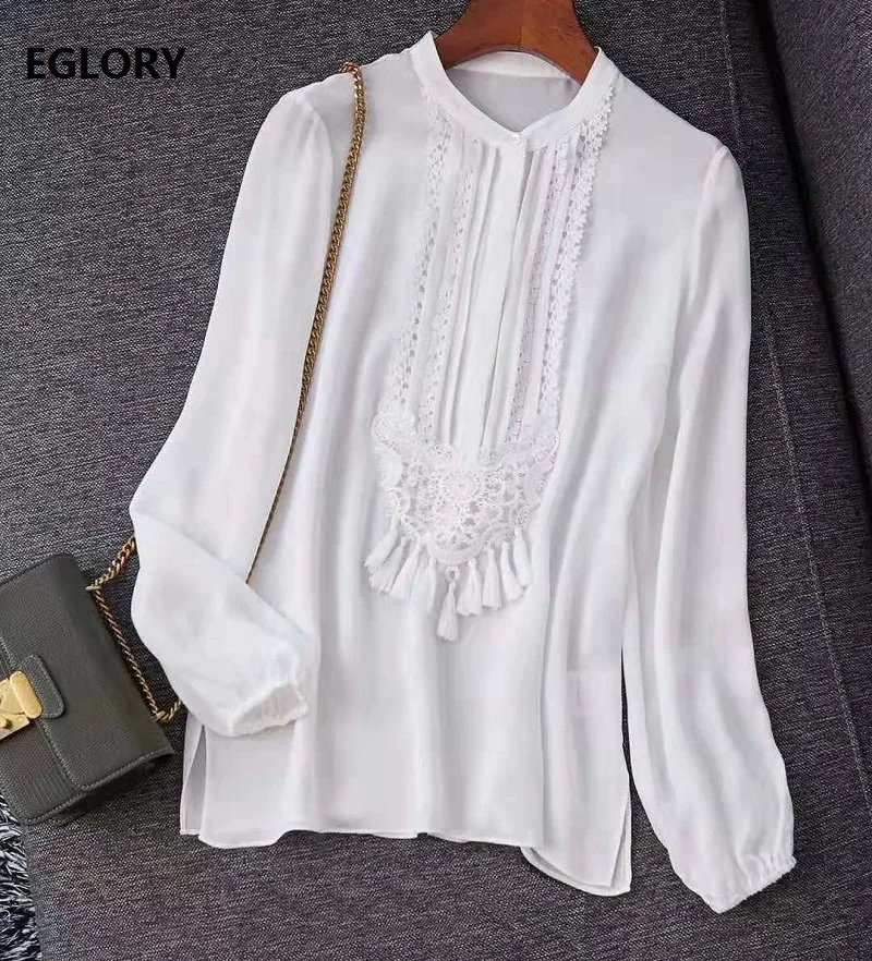 Женская винтажная блузка с длинным рукавом белая и темно-зеленая кружевная в