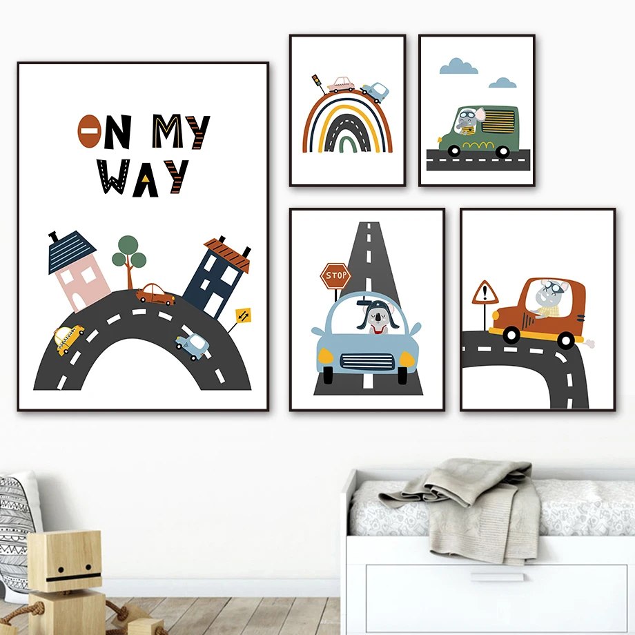 

Cute Rhino Koala Elephant Car Rainbow Nordic Posters And Prints Wall Art Canvas Painting Nursery Wall Pictures Kids Room Decor