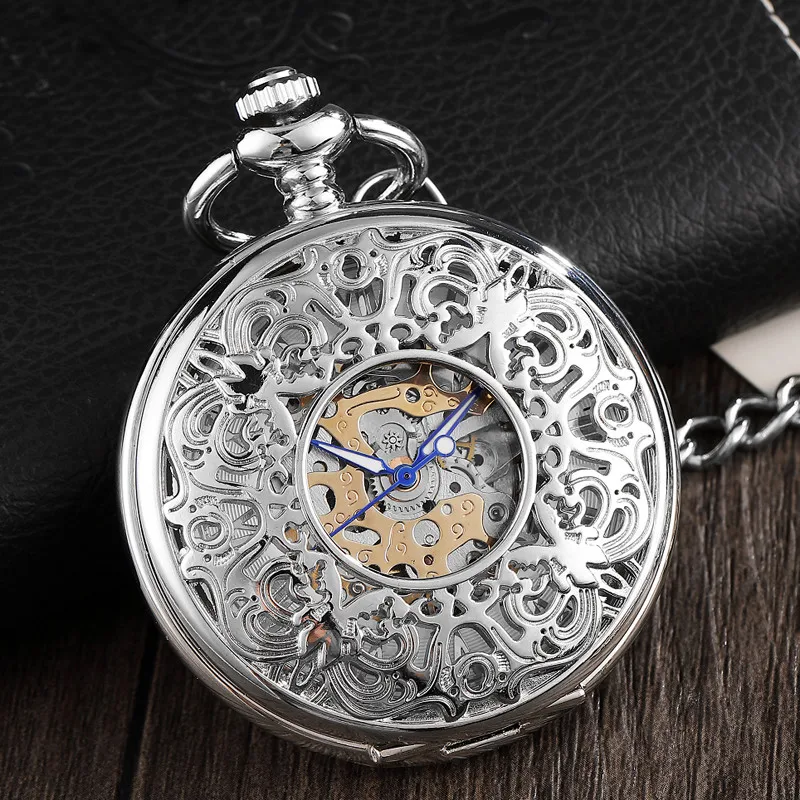 

Vintage Silver Mechanical Pocket Watch Hollow Chinese Style Engraved Hand Winding Steampunk Roman Numerals Skeleton Chain Clock