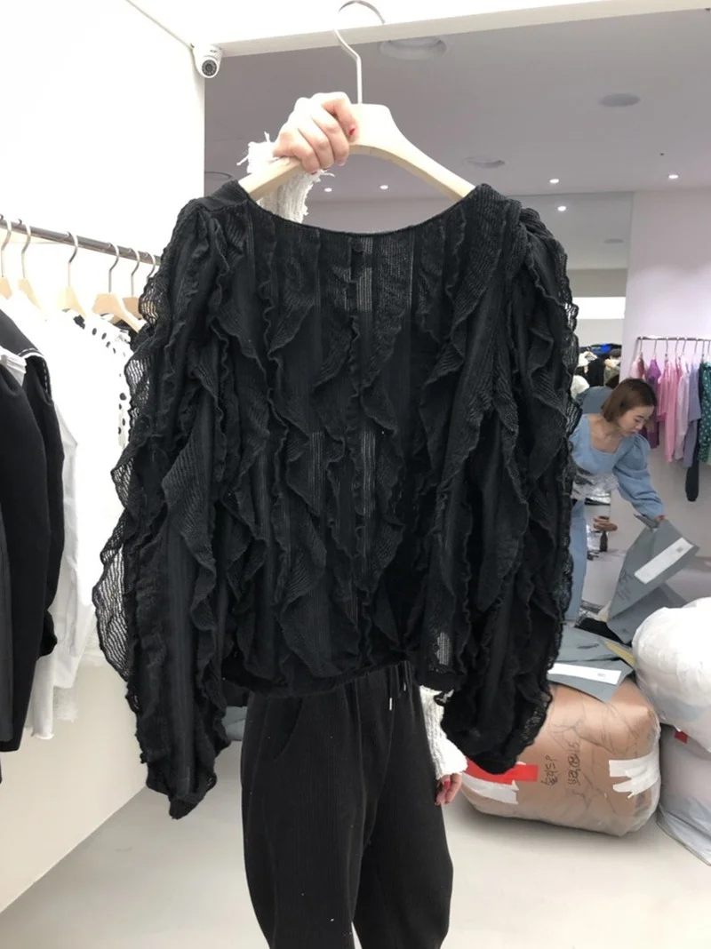 

Sweet Ruffles Spliced Fairy Blouse Women Shirts Elegant Square Collar Blusa Mujer Fashion Foldas Long Sleeve Womens Tops