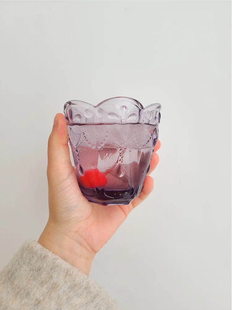 

Japanese Cute Peach Heart Embossed Glass Afternoon Tea Cherry Blossom Small Mug Dessert Drink Cup Water Cup