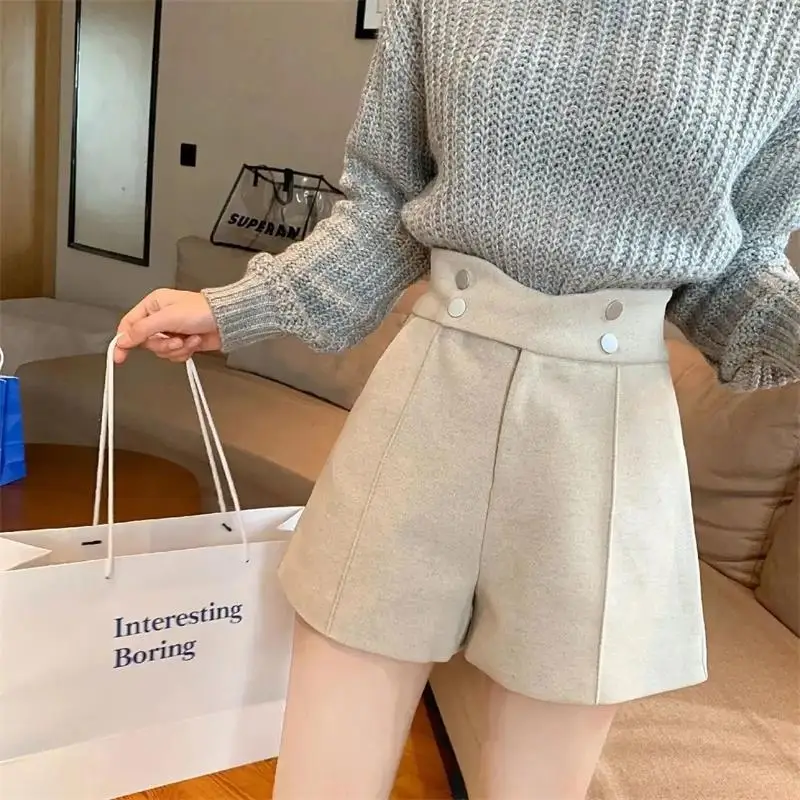 

2021 шерстяные шорты женские осенние зимние эластичные повседневные широкие брюки А-силуэта с высокой талией элегантные теплые женские шорт...