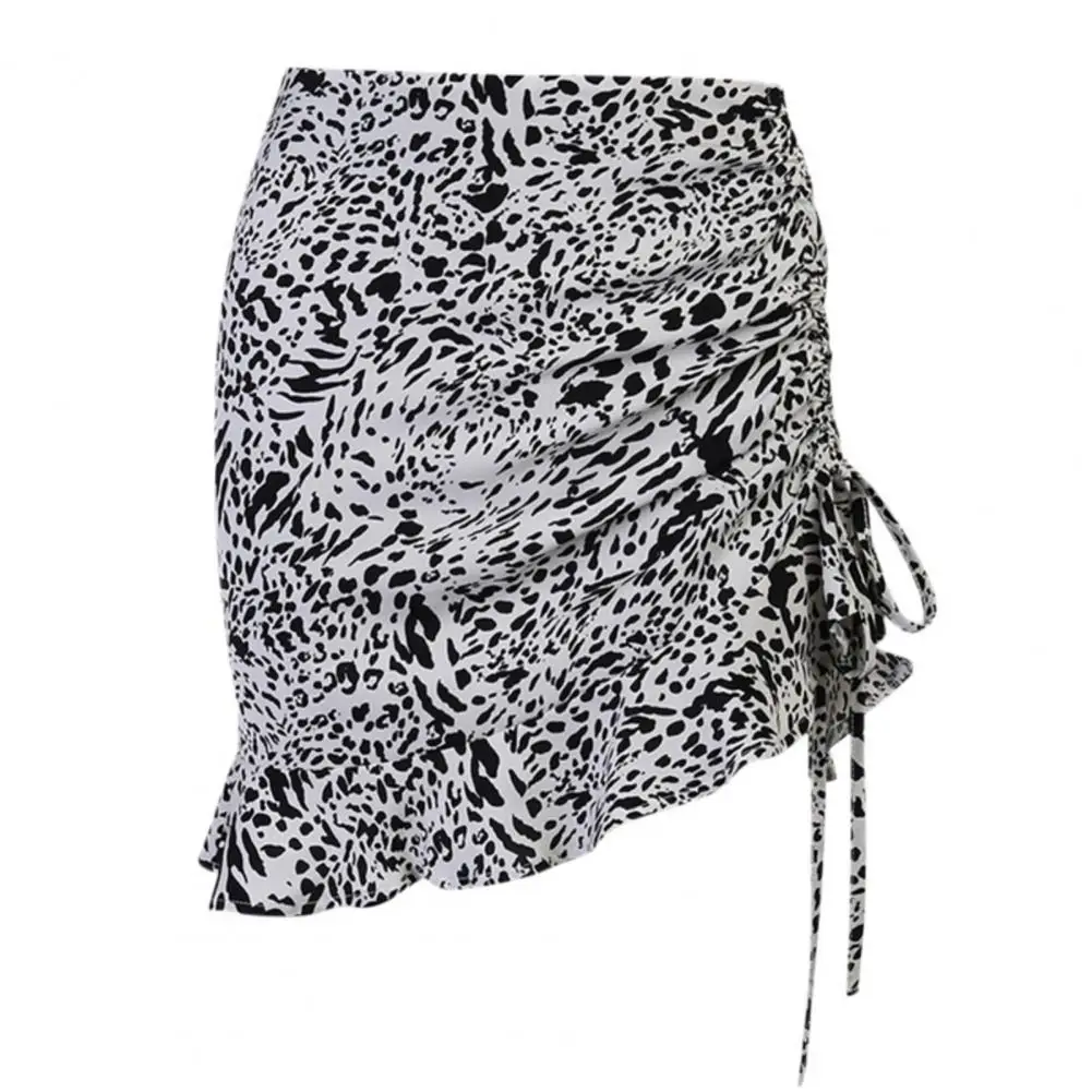 

Fashion Women Asymmetrical Ruffles High Waist Leopard Drawstring Mini Skirt