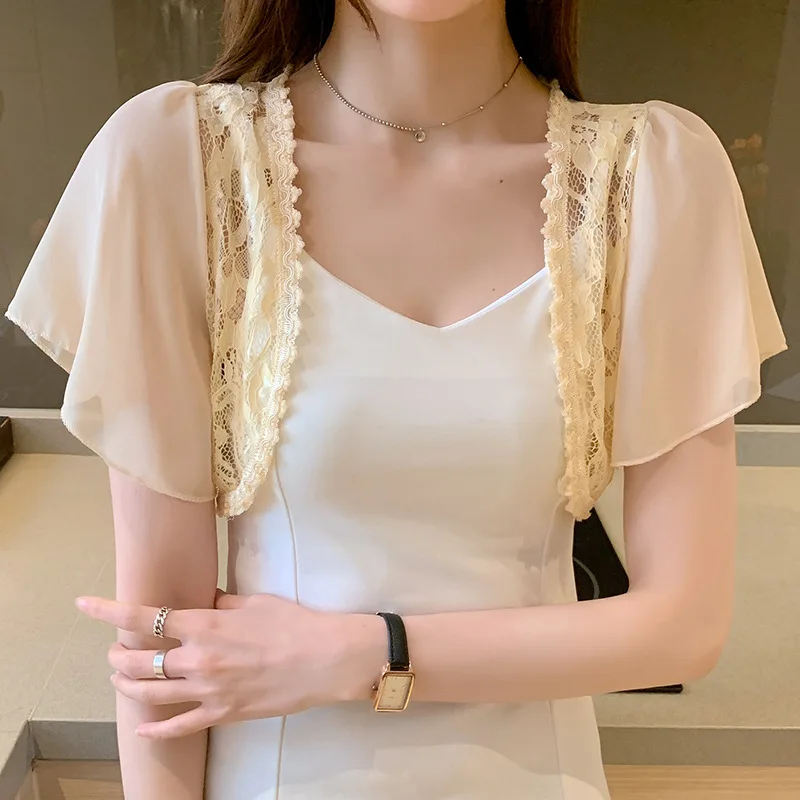 

Female Summer Sunscreen Cardigan Lady Lace Shrug Top Cardigan Fashion Women Short Sleeve Tops Cropped Top Solid Color Cardigan