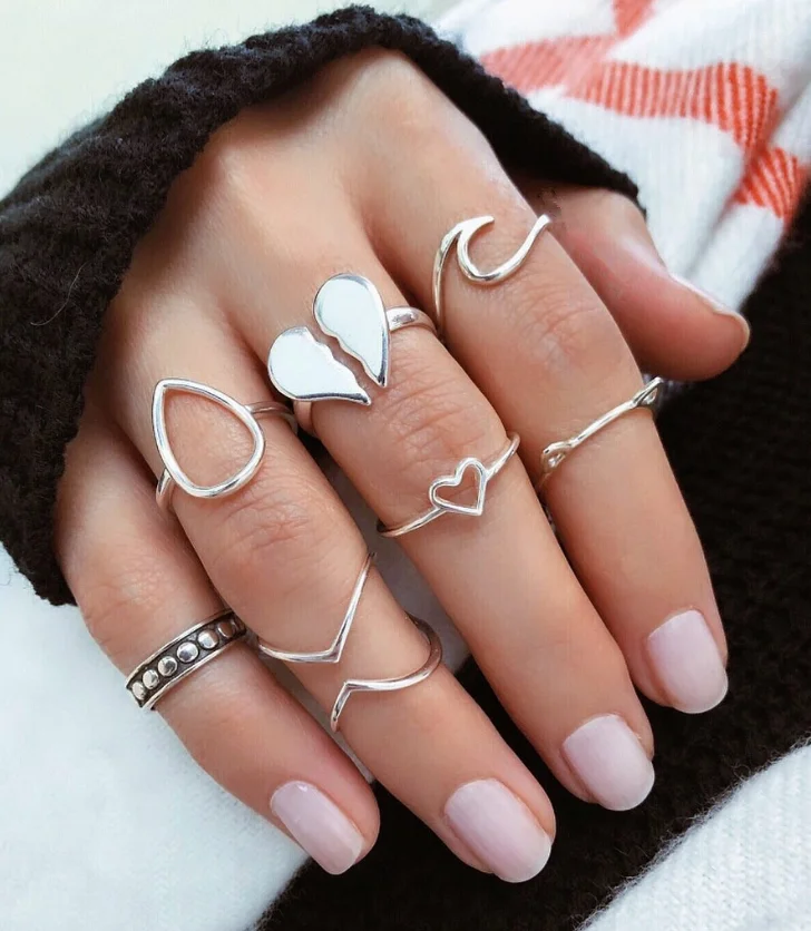 

Women Fashion Cat Ear Hollow Flower Diamond Gem Geometry Ring Set for Friends Gifts Party Jewelry Accessories