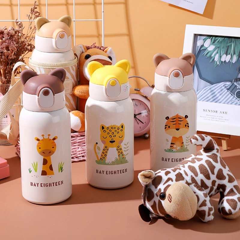 Cute Cartoon Vacuum Insulated Water Bottle Simple Thermo Canteen With Exquisite Lion Tiger Leopard Giraffe Figurine Kid Bottle