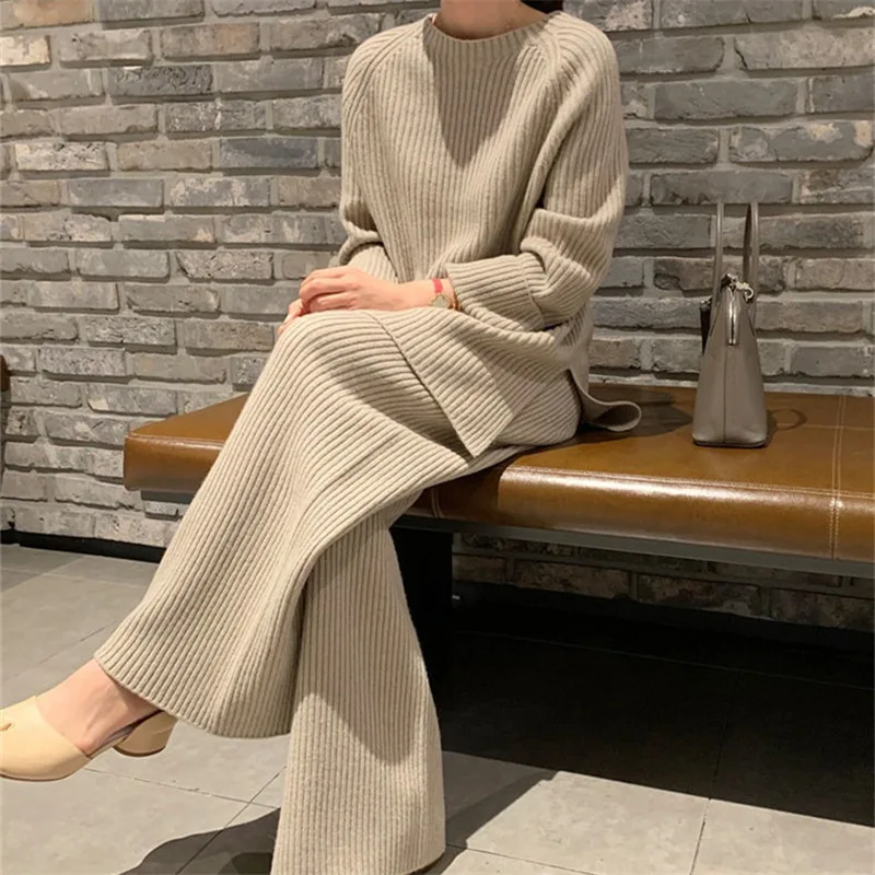 

Women Wide Leg Pant Suits Thick Warm Women Turtleneck Sweater Tracksuits 2/Two Piece Sets Clothing