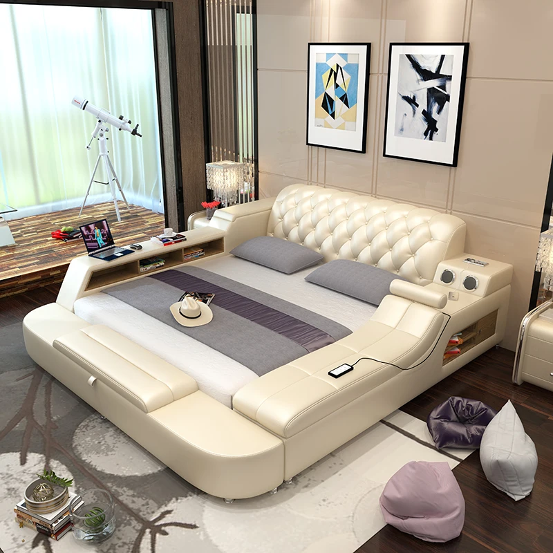 кровать двуспальная 2020 modern bedroom furniture real leather bed set smart | Мебель